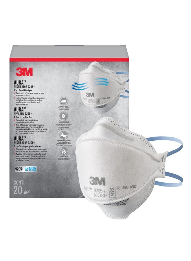 3M 3M Aura Particulate N95 Respirator 9205+, Flat Fold Lightweight Design, Non-Valved, 20 Count (Pack of 1)  - Image 1