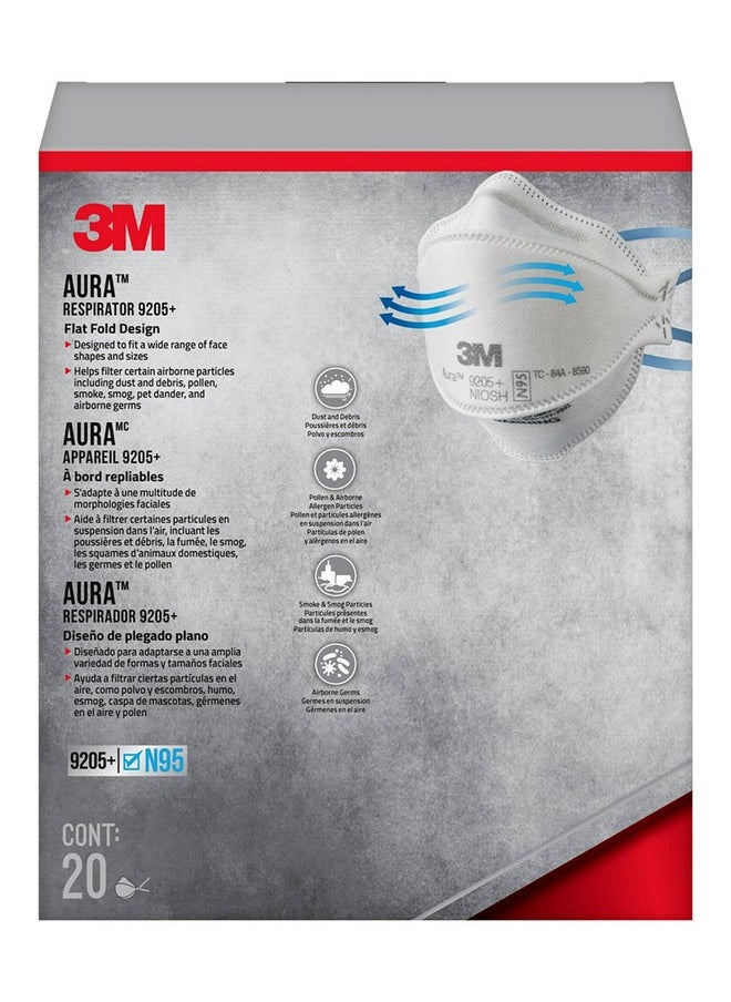 3M 3M Aura Particulate N95 Respirator 9205+, Flat Fold Lightweight Design, Non-Valved, 20 Count (Pack of 1)  - Image 2