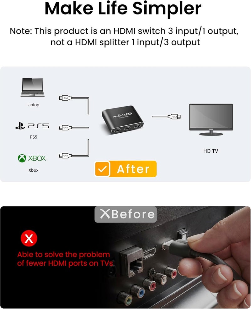 avedio links HDMI Switch 3 in 1 Out with 3.9 ft HDMI Cable, Aluminium Alloy HDMI Switcher, 4K 60Hz HDMI Switch Support Dolby Atmos, HDMI Splitter 3 in 1 Out for PS5 Xbox Roku TV Fire Stick - Image 4