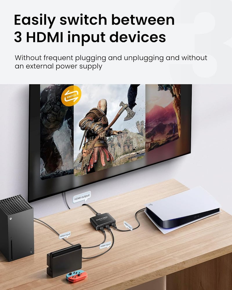 avedio links HDMI Switch 3 in 1 Out with 3.9 ft HDMI Cable, Aluminium Alloy HDMI Switcher, 4K 60Hz HDMI Switch Support Dolby Atmos, HDMI Splitter 3 in 1 Out for PS5 Xbox Roku TV Fire Stick - Image 2