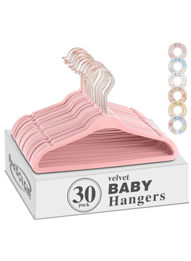 Red Dot Gift 30-Pack Baby Velvet Hangers 11Inch - Nursery Clothes Hangers Non Slip Toddler Hangers, 360 Chrome Rose-Gold Hook with 6 Pieces Baby Clothing Dividers (Rose Pink# + Divider, 30) - Image 1