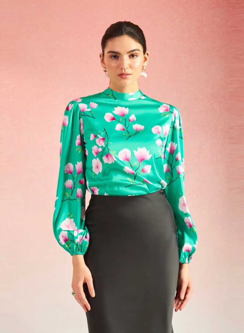 Virgio VIRGIO Satin High-Neck Floral Blouse