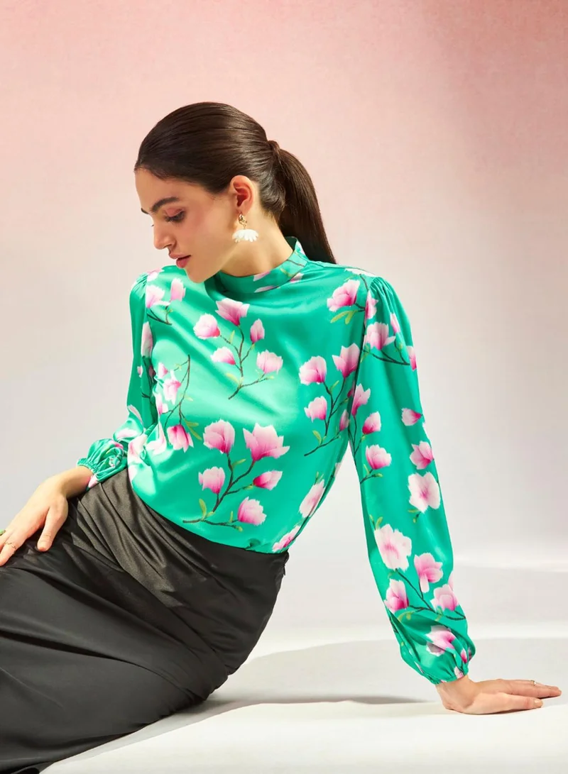 Virgio VIRGIO Satin High-Neck Floral Blouse