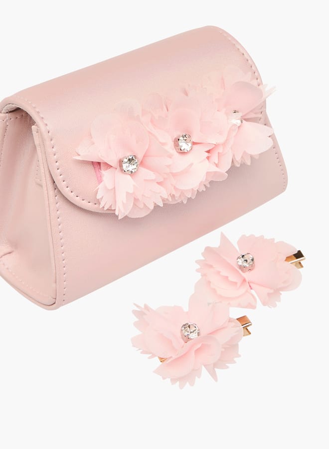 Little Missy Girls Floral Accent Crossbody Bag with 2 Hairpins  - Image 4
