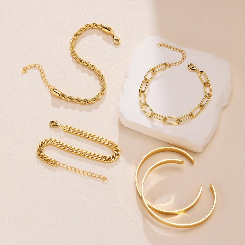 Gokeey Chunky Gold Bracelets for Womenc Trendy, 14k Gold Plated Cuff Bracelet Non Tarnish Rope Cable Paperclip Cuban Link Chain Bangle Bracelet Set Stack Jewelry - Image 5