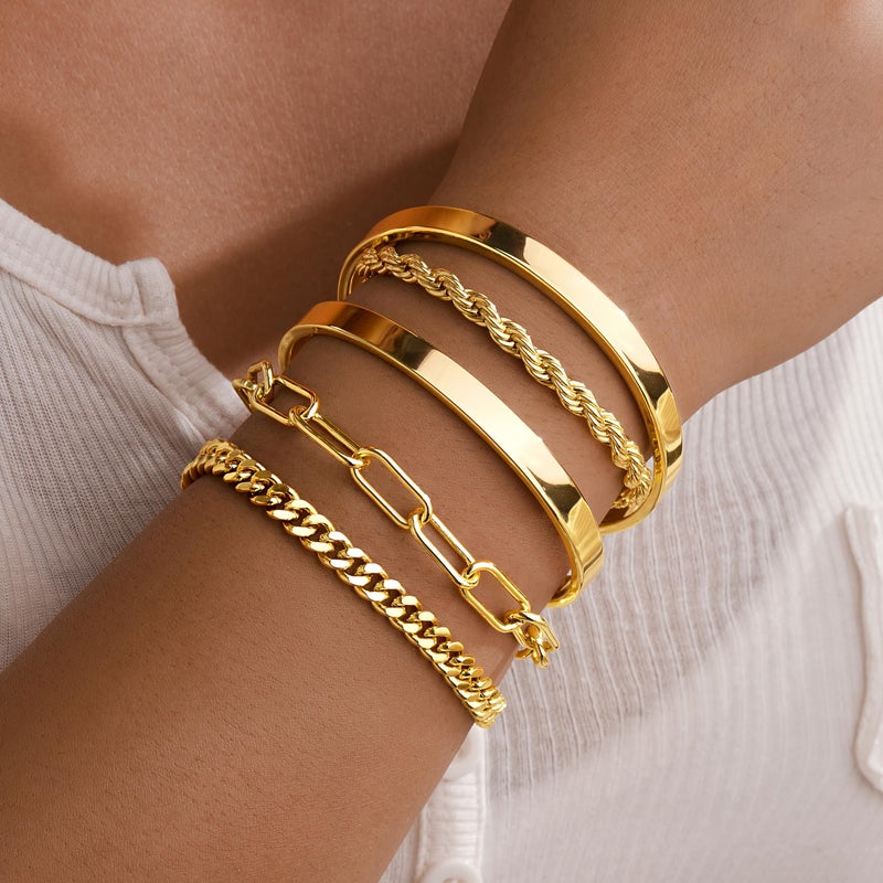 Gokeey Chunky Gold Bracelets for Womenc Trendy, 14k Gold Plated Cuff Bracelet Non Tarnish Rope Cable Paperclip Cuban Link Chain Bangle Bracelet Set Stack Jewelry - Image 2
