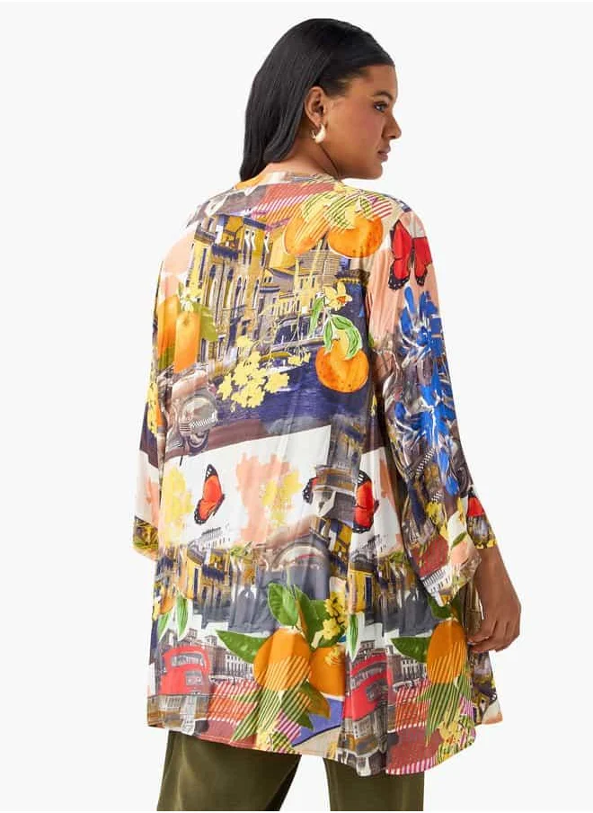  أولا بوبكن Plus Size Ulla Popken Graphic Print Top with Mandarin Neck and 3/4 Sleeves