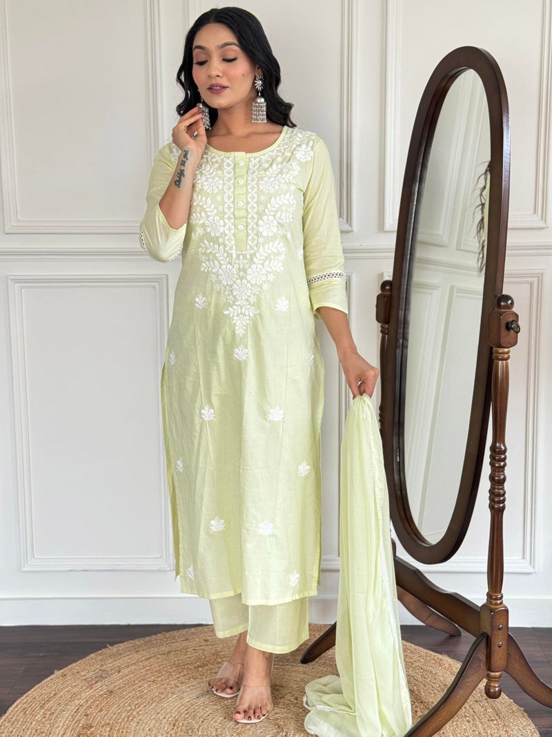 Naixa Women's Cotton Embroidered Straight Kurta with Pant and Dupatta Sets (NX-572-Light-Yellow-XS) - Image 2