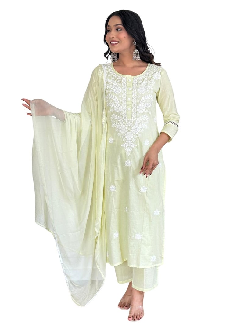 Naixa Women's Cotton Embroidered Straight Kurta with Pant and Dupatta Sets (NX-572-Light-Yellow-XS) - Image 1