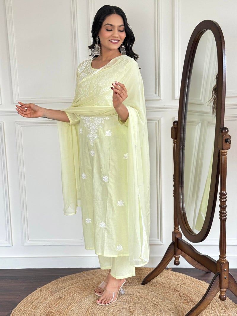 Naixa Women's Cotton Embroidered Straight Kurta with Pant and Dupatta Sets (NX-572-Light-Yellow-XS) - Image 3
