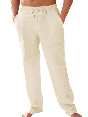 PASLTER Men's Cotton Linen Pants Elastic Waist Drawstring Casual Trouser Lightweight Straight-Legs Loose Beach Yoga Pants Beige - Image 1