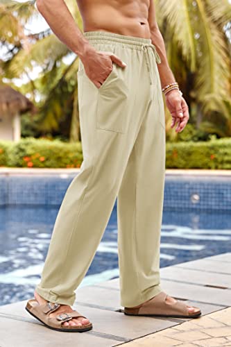 PASLTER Men's Cotton Linen Pants Elastic Waist Drawstring Casual Trouser Lightweight Straight-Legs Loose Beach Yoga Pants Beige - Image 5