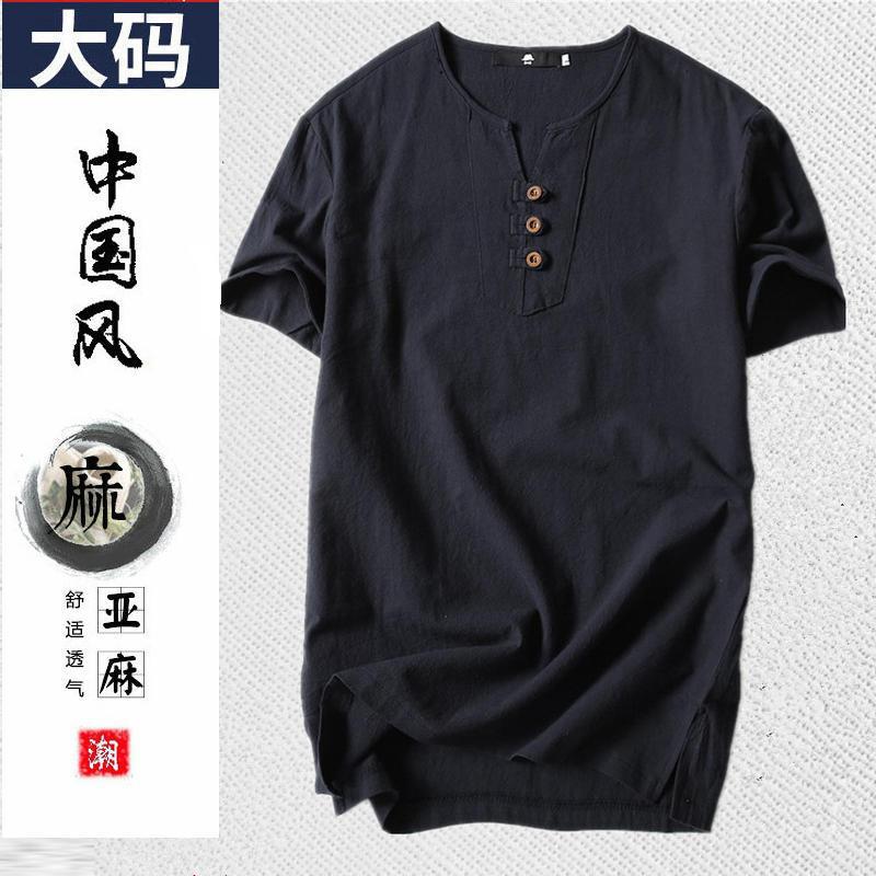 Men's Summer Plus Size Linen T-shirt Men's Thin Fat Loose Cotton Linen T-shirt Short Sleeve Breathable Sweat Absorbing Moisture - Image 3