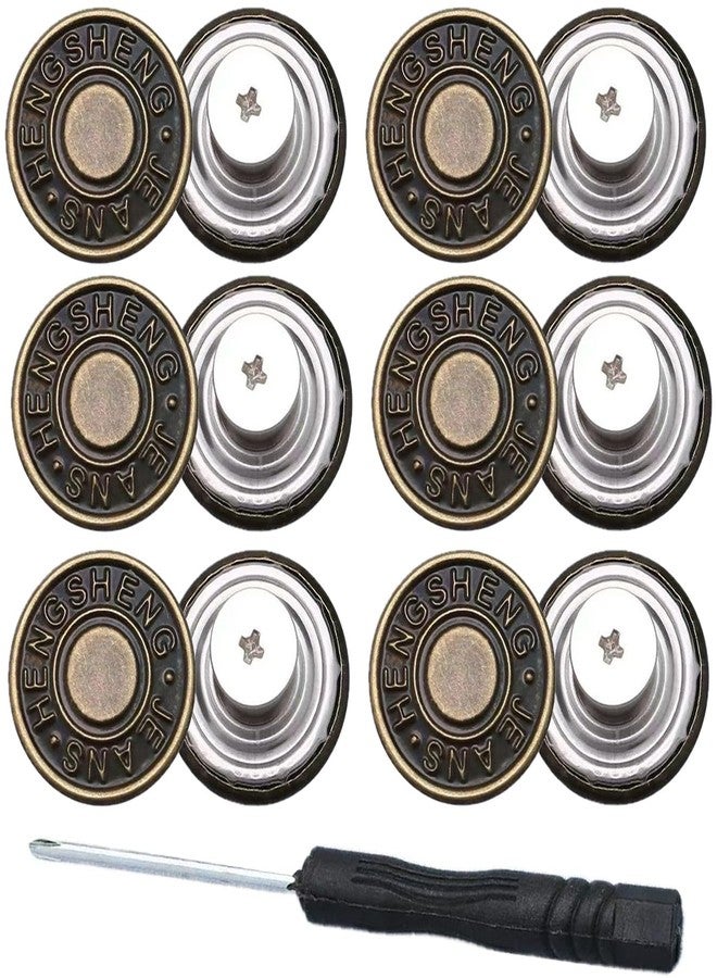 Baxykez 6pcs Brown Buttons pins for Loose Jeans, 17 mm No-Sew Nailess Removable Metal Jeans Buttons Replacement, Adjustable Metal Pants Button Tightener,Repair Combo Thread Rivets and Screwdrivers - Image 1