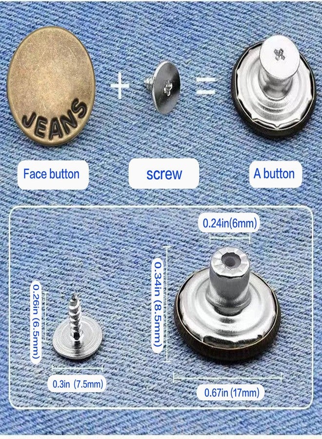 Baxykez 6pcs Brown Buttons pins for Loose Jeans, 17 mm No-Sew Nailess Removable Metal Jeans Buttons Replacement, Adjustable Metal Pants Button Tightener,Repair Combo Thread Rivets and Screwdrivers - Image 3