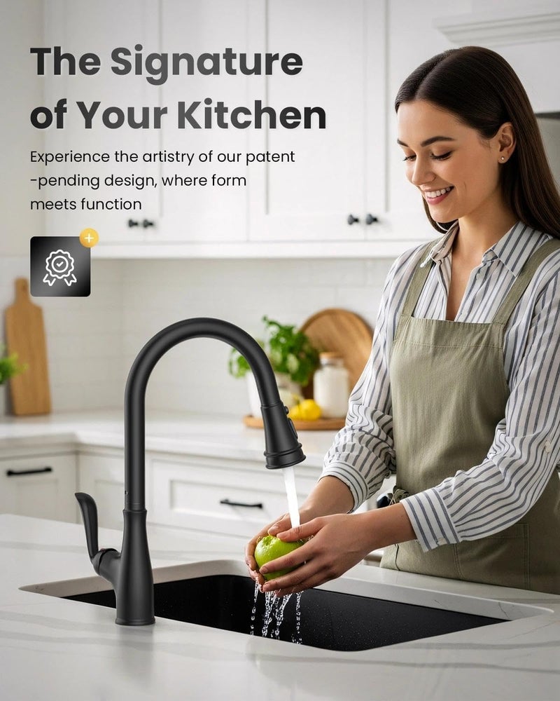 APPASO Matte Black Kitchen Faucet with Pull Down Sprayer, High Arc Single Handle with 3 Modes Spray Head, cUPC-Certified Pull-Out Hose, Water Supply Tubing & Valve - Image 3