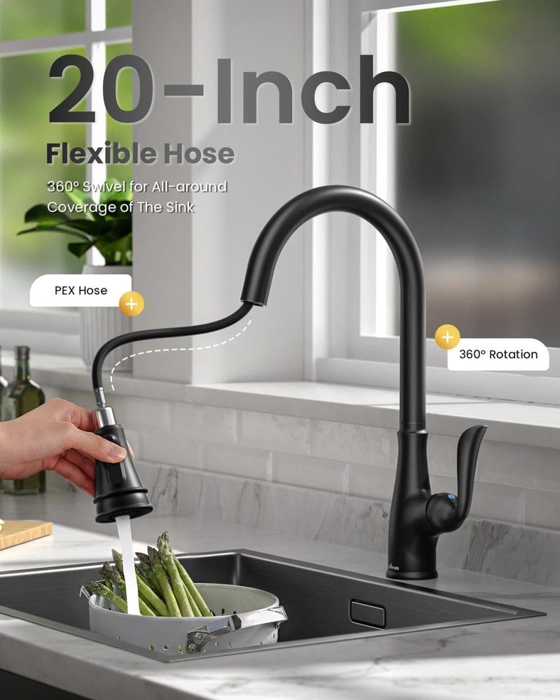 APPASO Matte Black Kitchen Faucet with Pull Down Sprayer, High Arc Single Handle with 3 Modes Spray Head, cUPC-Certified Pull-Out Hose, Water Supply Tubing & Valve - Image 4