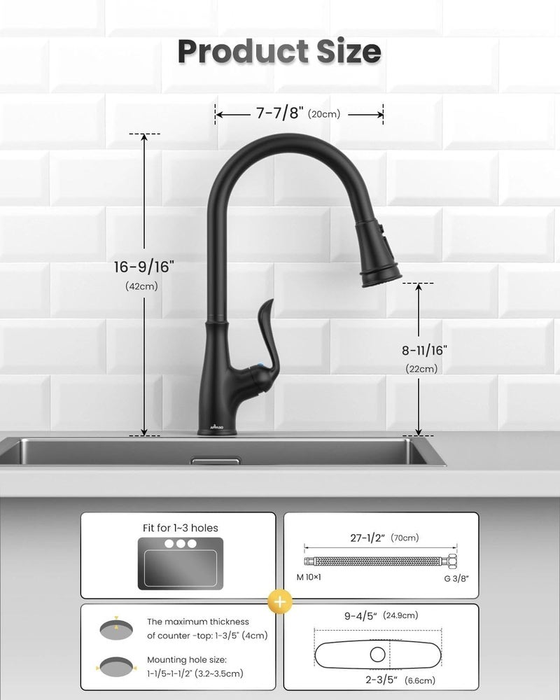 APPASO Matte Black Kitchen Faucet with Pull Down Sprayer, High Arc Single Handle with 3 Modes Spray Head, cUPC-Certified Pull-Out Hose, Water Supply Tubing & Valve - Image 5