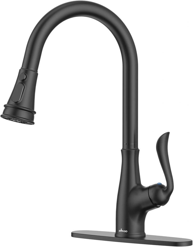APPASO Matte Black Kitchen Faucet with Pull Down Sprayer, High Arc Single Handle with 3 Modes Spray Head, cUPC-Certified Pull-Out Hose, Water Supply Tubing & Valve - Image 1