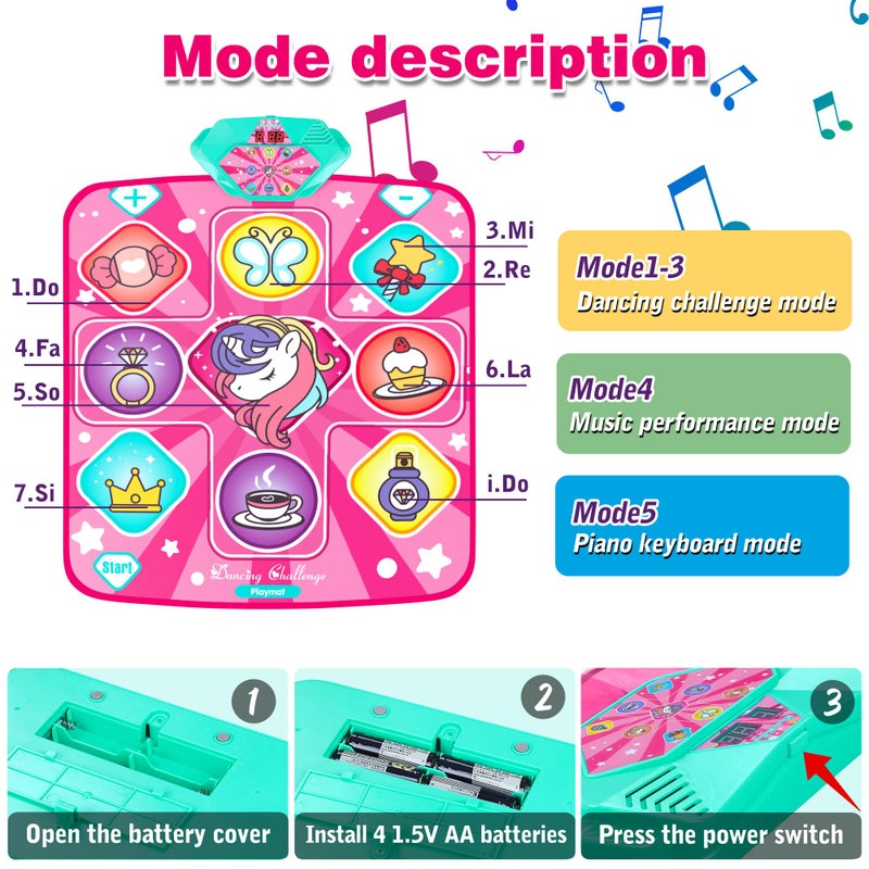 Kusntin Unicorn Dance Mat, Dance Mixer Rhythm Step Play Mat, Pink Dance Pad with LED Lights, Adjustable Volume, Built-in Music, 5 Game Modes, Xmas B-Day Gifts for 3-12 Years Old Girls Toys - Image 3