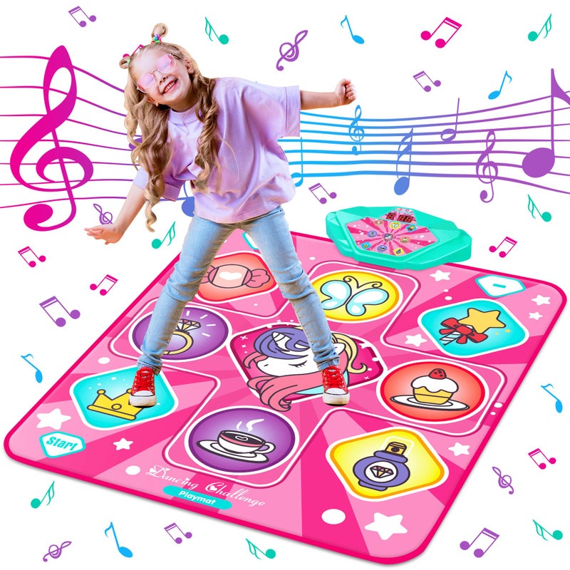 Kusntin Unicorn Dance Mat, Dance Mixer Rhythm Step Play Mat, Pink Dance Pad with LED Lights, Adjustable Volume, Built-in Music, 5 Game Modes, Xmas B-Day Gifts for 3-12 Years Old Girls Toys - Image 1
