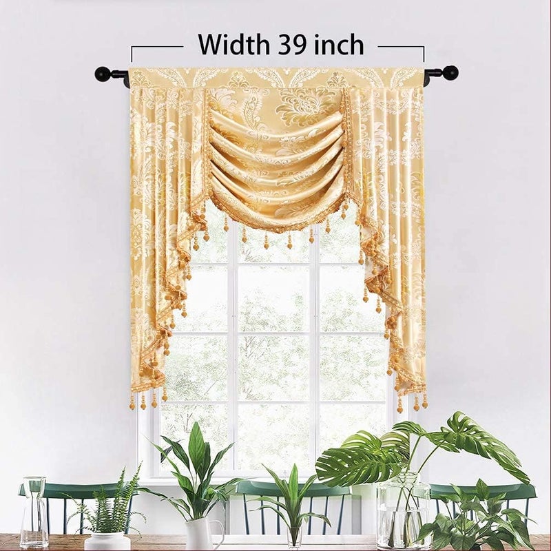 ELKCA Golden Jacquard Single Swag Waterfall Valance for Living Room Damask Curtain Valance for BedroomRod PocketW39 Inch1 Panel - Image 2