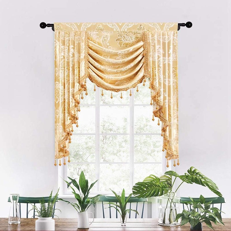 ELKCA Golden Jacquard Single Swag Waterfall Valance for Living Room Damask Curtain Valance for BedroomRod PocketW39 Inch1 Panel - Image 1