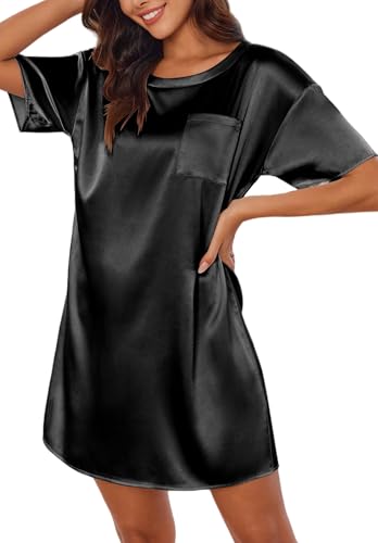 Ekouaer Silk Satin Sleep Shirts for Women Nightshirt Tshirt Night Gowns Short Sleeve Sleepwear Round Neck Shirt Dress With Chest Pocket Black XL - Image 1