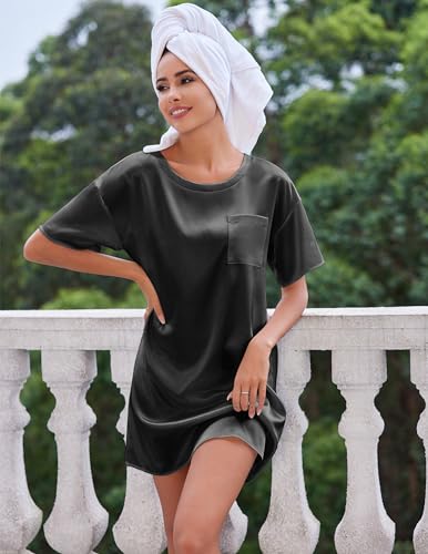 Ekouaer Silk Satin Sleep Shirts for Women Nightshirt Tshirt Night Gowns Short Sleeve Sleepwear Round Neck Shirt Dress With Chest Pocket Black XL - Image 2