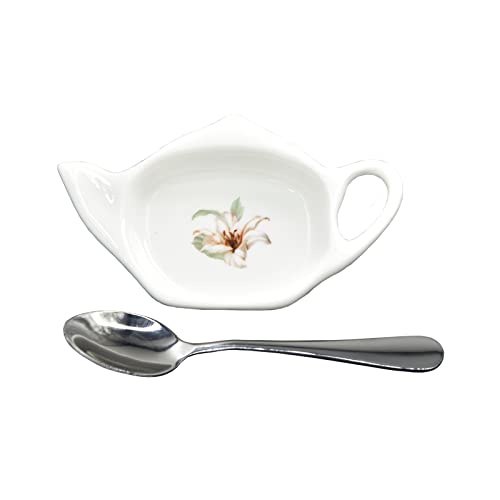 WSKC Ceramic Tea Bag Holder Teapot shaped Teabag Coaster Tray 4.5 inches Spoon Rest with Spoon - Image 1