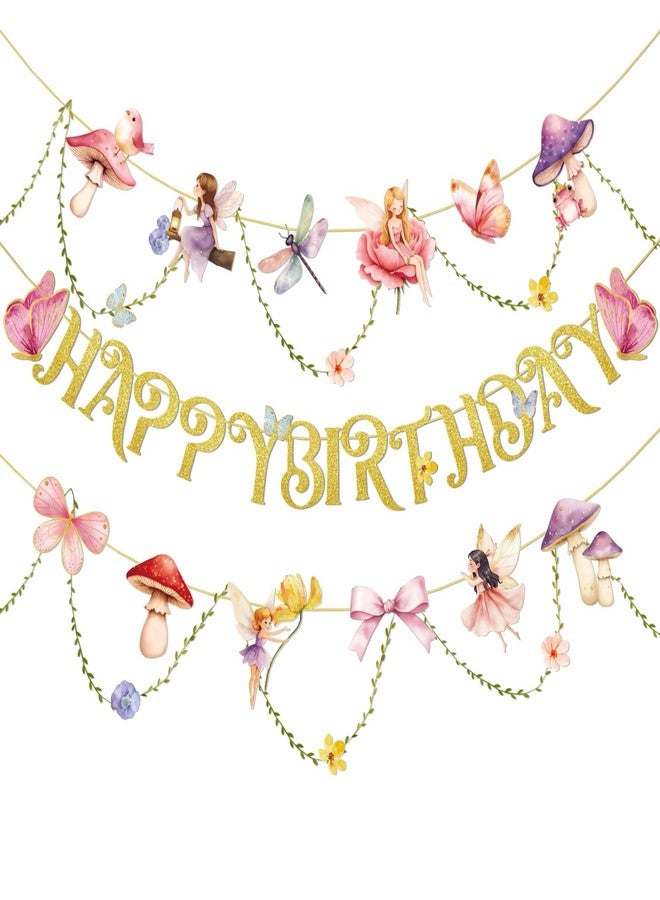 Paper Jazz Fairy Birthday Banner with Butterfly Fairy Party Decorations Mushroom Decor Fabric Vines Paper Garlands Decorations for Birthday,Garden Tea Party,Baby Shower. - Image 1