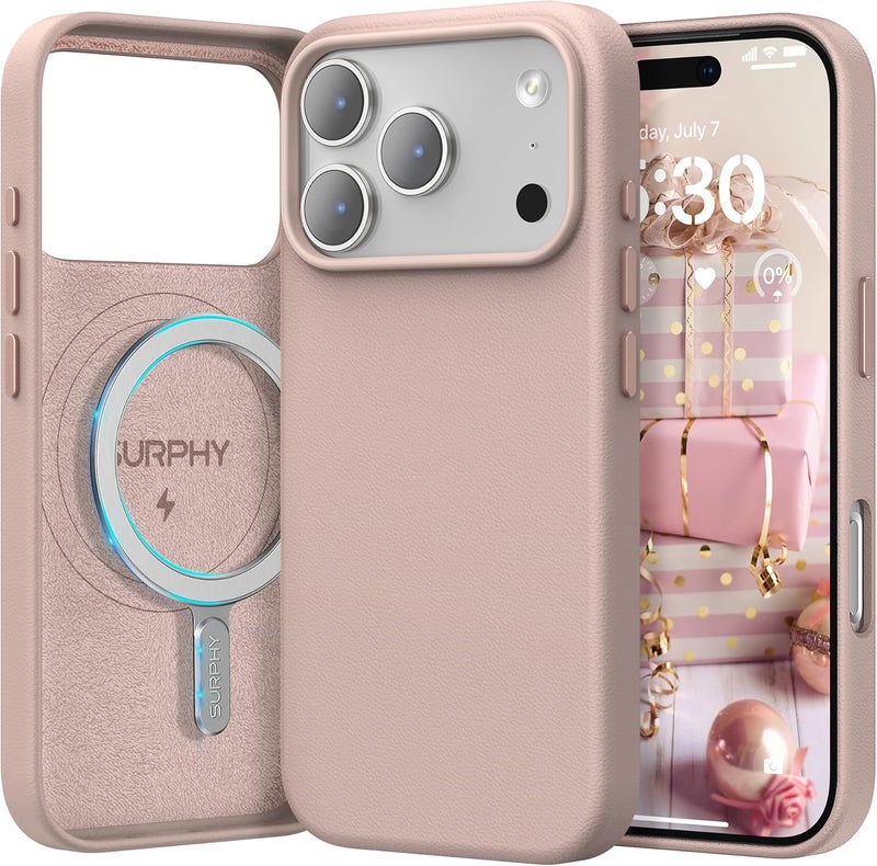 SURPHY Designed for iPhone 17 Pro Max Leather Case, Compatible with MagSafe Wireless Charging Faux Leather Case with Metallic Buttons and Microfiber Lining for 17 Pro Max 6.9 inch 2025, Pink Sand - Image 1