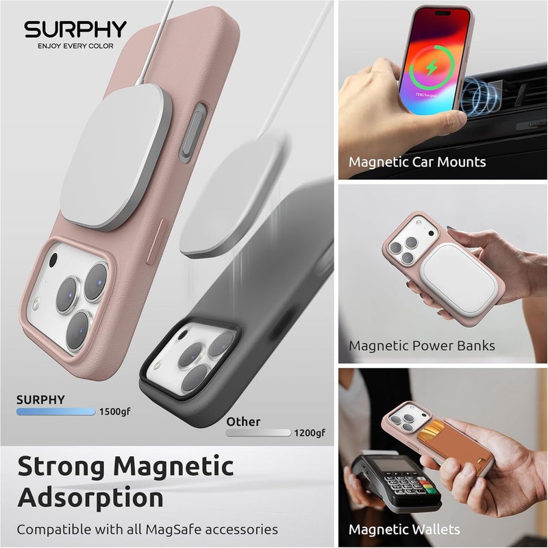 SURPHY Designed for iPhone 17 Pro Max Leather Case, Compatible with MagSafe Wireless Charging Faux Leather Case with Metallic Buttons and Microfiber Lining for 17 Pro Max 6.9 inch 2025, Pink Sand - Image 3