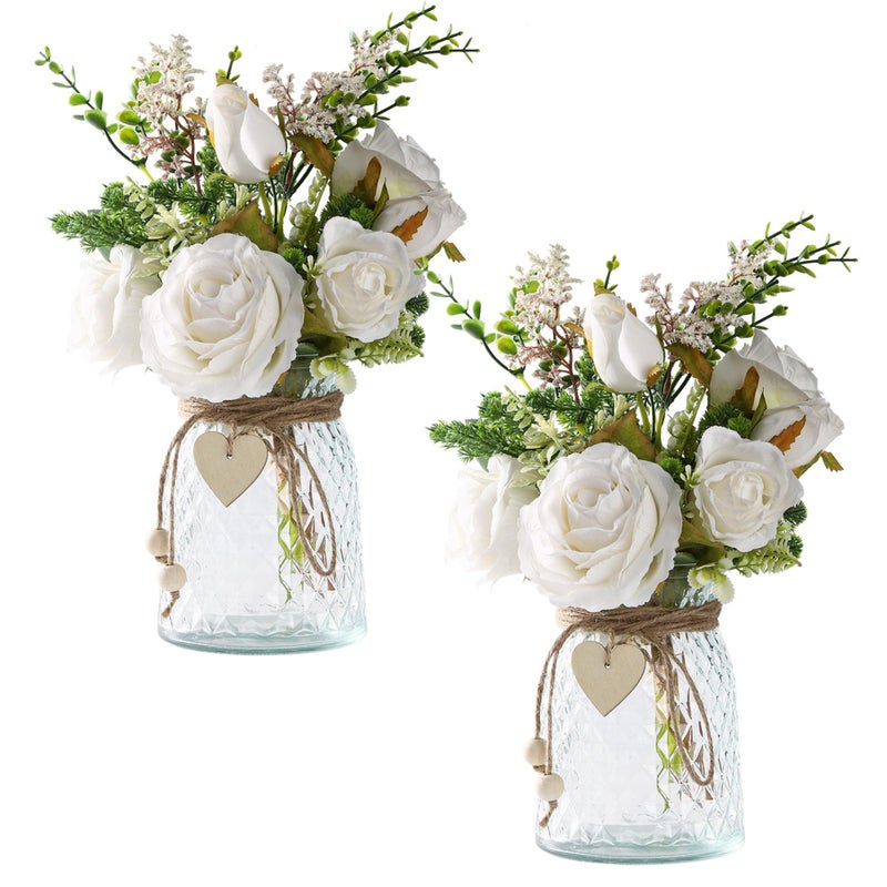 Flojery 2 Packs Faux Flowers in vase,Fake Flowers with Vase, Artificial Silk Roses in Vase, Artificial Flowers in Vase, Faux Flower Arrangement with Vase for Farmhouse (White with vase) - Image 1