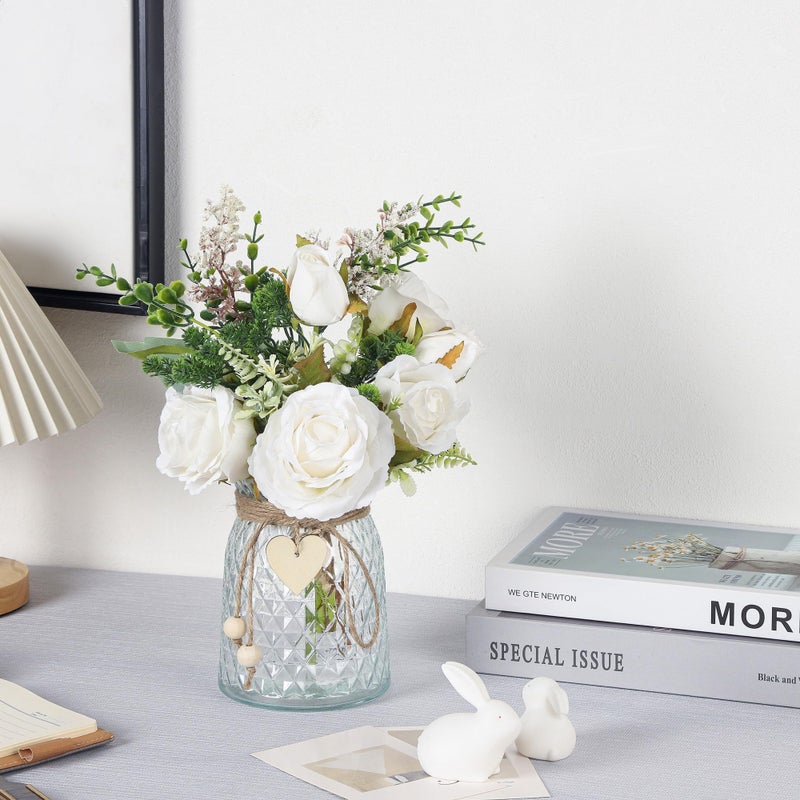 Flojery 2 Packs Faux Flowers in vase,Fake Flowers with Vase, Artificial Silk Roses in Vase, Artificial Flowers in Vase, Faux Flower Arrangement with Vase for Farmhouse (White with vase) - Image 2