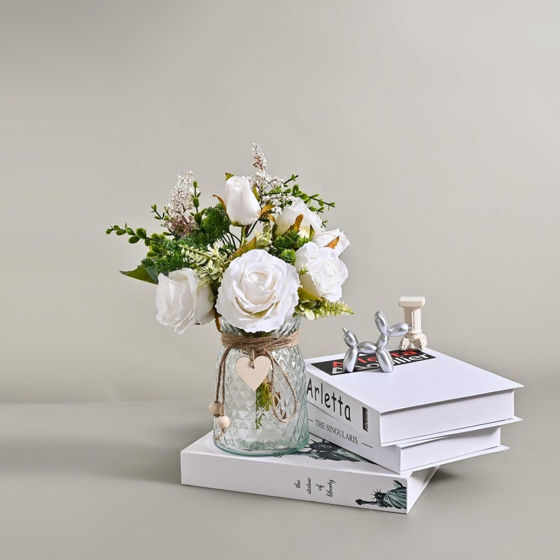 Flojery 2 Packs Faux Flowers in vase,Fake Flowers with Vase, Artificial Silk Roses in Vase, Artificial Flowers in Vase, Faux Flower Arrangement with Vase for Farmhouse (White with vase) - Image 3