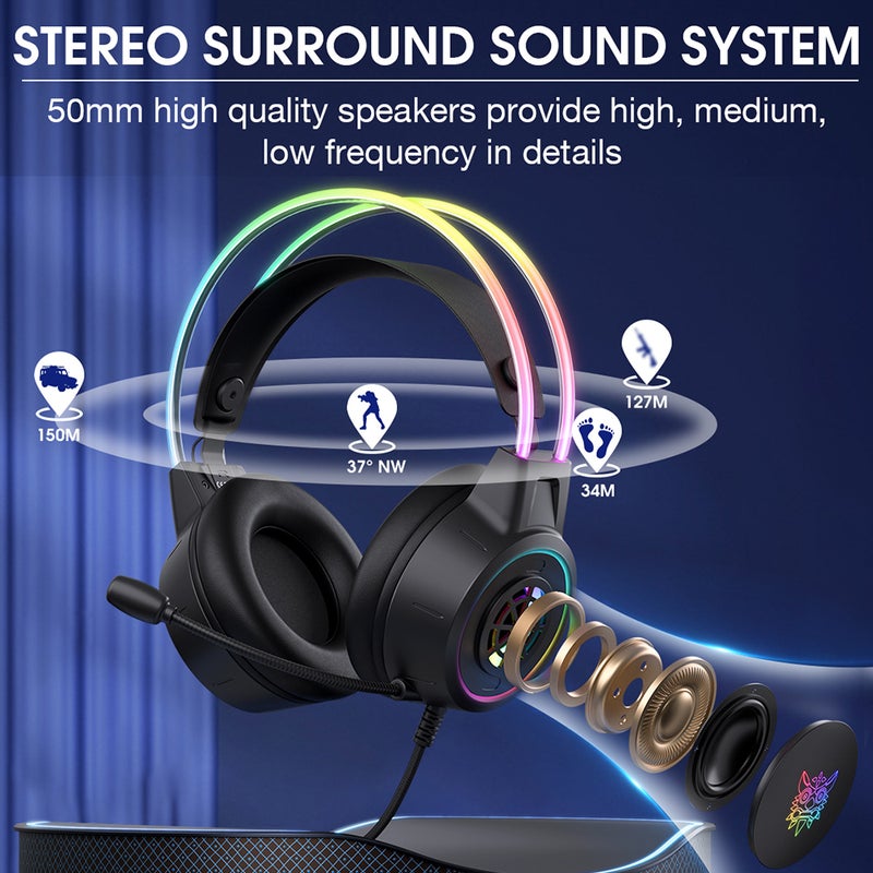 Gaming Headset, Plug and Play, Colorful RGB Lights, Noise-Cancelling Microphone, Breathable Sponge, 50mm Driver, Lightweight Ergonomic Design, Compatible with PC, PS4, PS5, Switch - 3.5mm Audio Jack - Image 4