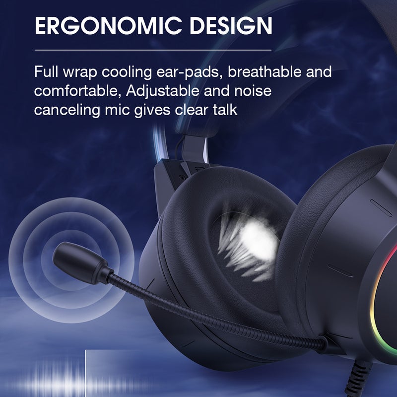 Gaming Headset, Plug and Play, Colorful RGB Lights, Noise-Cancelling Microphone, Breathable Sponge, 50mm Driver, Lightweight Ergonomic Design, Compatible with PC, PS4, PS5, Switch - 3.5mm Audio Jack - Image 3