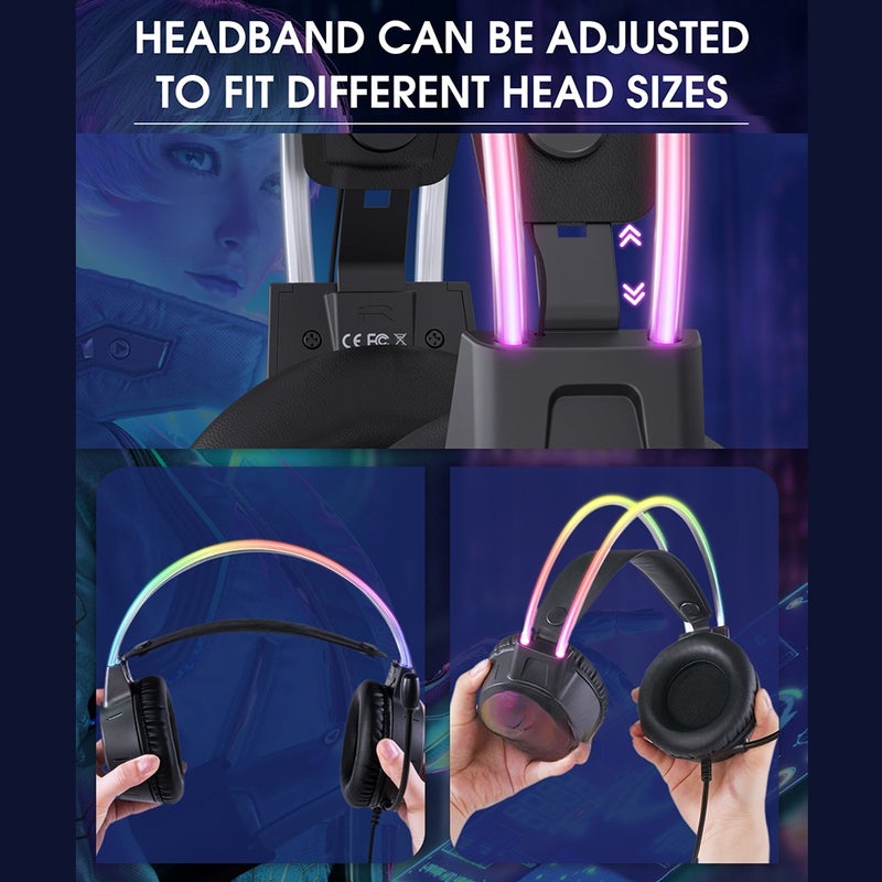 Gaming Headset, Plug and Play, Colorful RGB Lights, Noise-Cancelling Microphone, Breathable Sponge, 50mm Driver, Lightweight Ergonomic Design, Compatible with PC, PS4, PS5, Switch - 3.5mm Audio Jack - Image 5