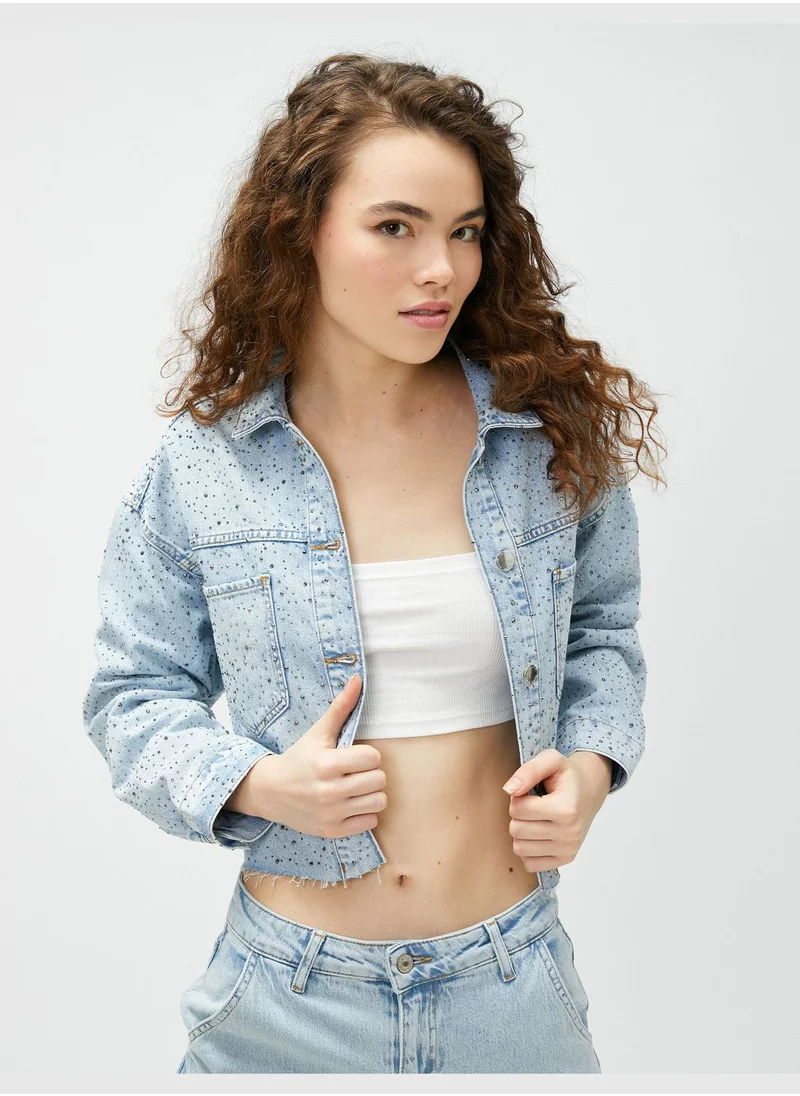 KOTON Cotton Glitz Stone Detail Crop Jean Jacket