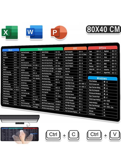 XLarge Gaming Mouse Pad Office Software Excel Shortcuts Mousepad, Non-Slip Desk Mat with Office Software Shortcuts Pattern, Mousepad with Personalized Design Extended Size 80X40cm For Office Users