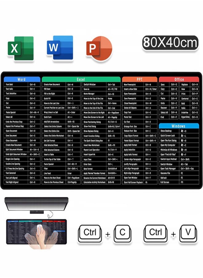 ماركة غير محددة - ماوس باد كبيرة للألعاب مع اختصارات برامج Office Excel، لوحة ماوس غير قابلة للانزلاق مع نمط اختصارات برامج Office، لوحة ماوس بتصميم شخصي بحجم ممتد 40 × 80 سم لمستخدمي المكاتب و برامج الاوفيس - Image 1