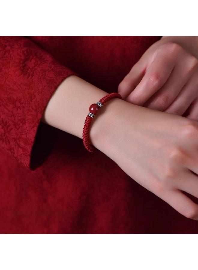 NIBEMINENT Benmingnian Cinnabar Hand Rope Sterling Silver Bracelet Men's Thick Hand-woven Red Jewelry Couple Gift 