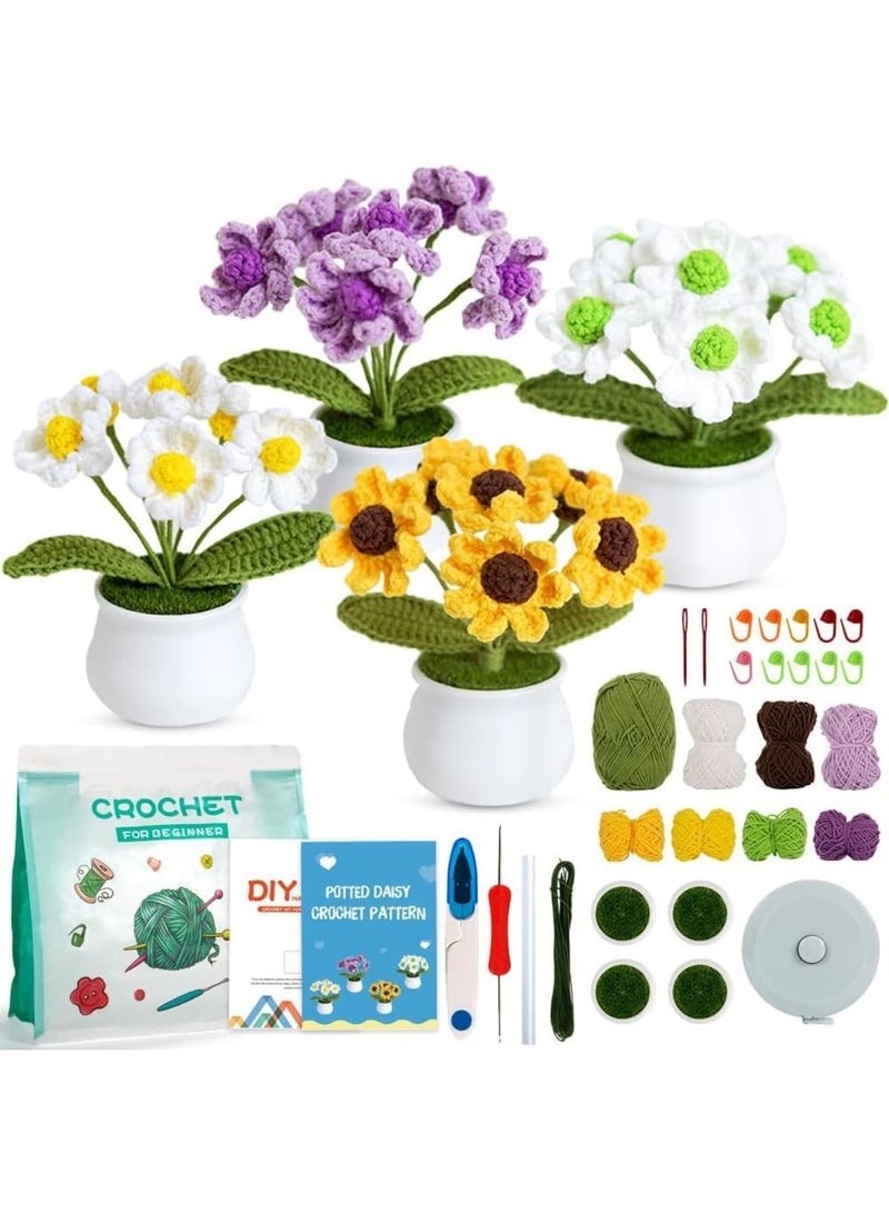 SYOSI طقم كروشيه للمبتدئين، 4 قطع سلسلة الزهور اللطيفة ديزي، دروس خطوة بخطوة، طقم حياكة للمبتدئين - Image 1