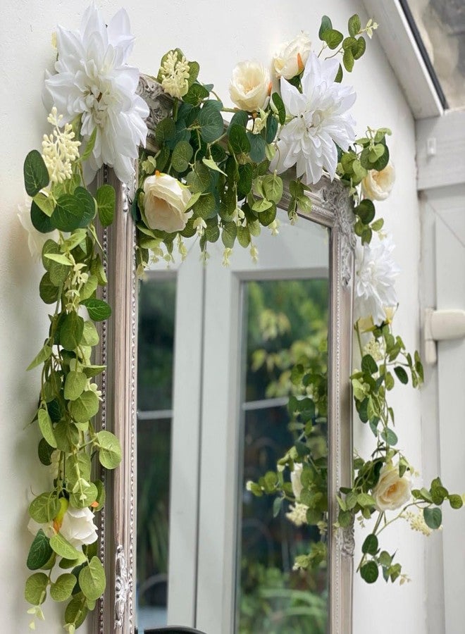 OrgMemory Artificial Flowers Garland, Rose Flower Vine, Artificial Eucalyptus Garland with Flowers, 6' Floral Garland for Wedding Decor Home Table Runner Mantle Decoration (White Dahlias Garland) - Image 4