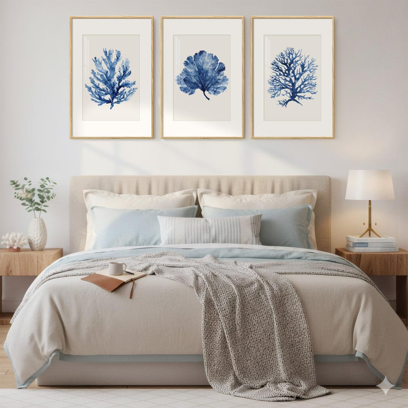 Cuspin Framed Coastal Coral Watercolor Wall Art for Living Room, Large 3 Piece Navy Blue Coral Artwork for Walls, Minimalist Ocean Beach Marine Plants Pictures Prints for Bedroom Hallway Wall Decor, 20x30 In - Image 2