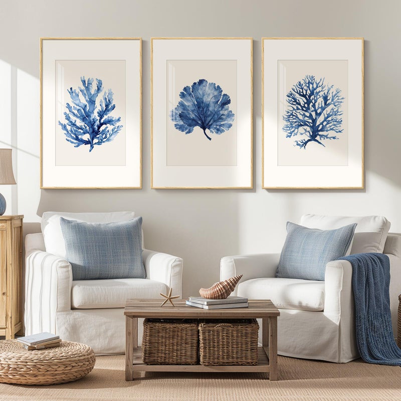 Cuspin Framed Coastal Coral Watercolor Wall Art for Living Room, Large 3 Piece Navy Blue Coral Artwork for Walls, Minimalist Ocean Beach Marine Plants Pictures Prints for Bedroom Hallway Wall Decor, 20x30 In - Image 3