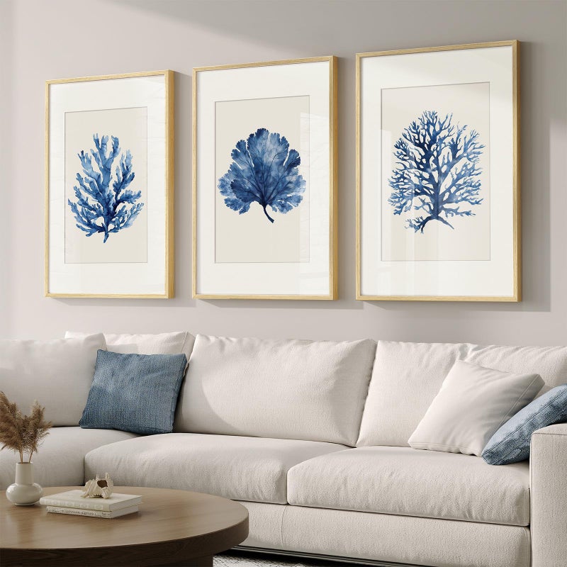 Cuspin Framed Coastal Coral Watercolor Wall Art for Living Room, Large 3 Piece Navy Blue Coral Artwork for Walls, Minimalist Ocean Beach Marine Plants Pictures Prints for Bedroom Hallway Wall Decor, 20x30 In - Image 1