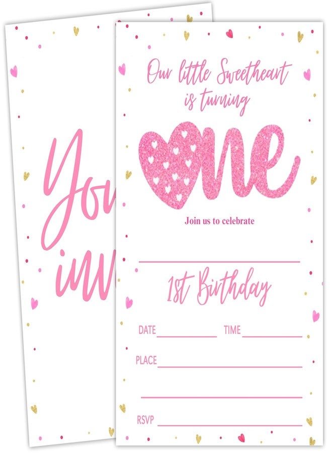 ukebobo Little Sweetheart First Birthday Invitation Card, Pink Gold Hearts Valentine's Bday Invite, 20 Sweetheart Birthday Invitation with Envelopes, Bday Party Decorations-634 - Image 1