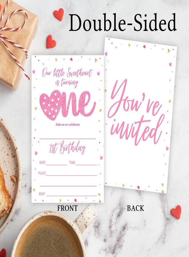 ukebobo Little Sweetheart First Birthday Invitation Card, Pink Gold Hearts Valentine's Bday Invite, 20 Sweetheart Birthday Invitation with Envelopes, Bday Party Decorations-634 - Image 3